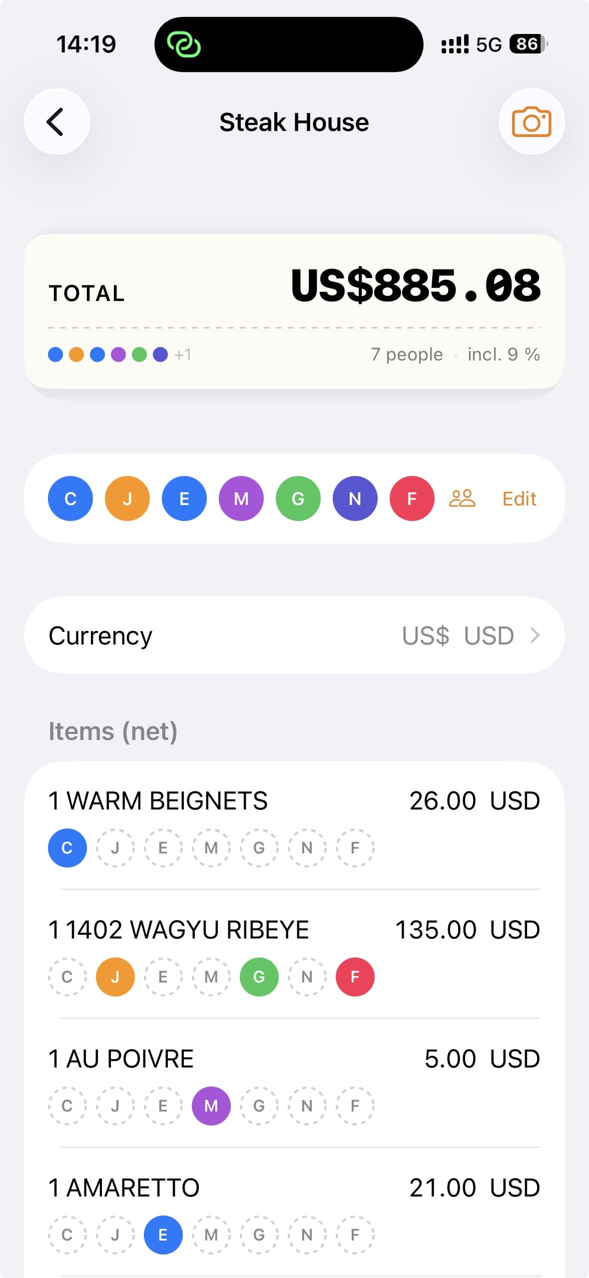 Bill detail with total, people and itemised list